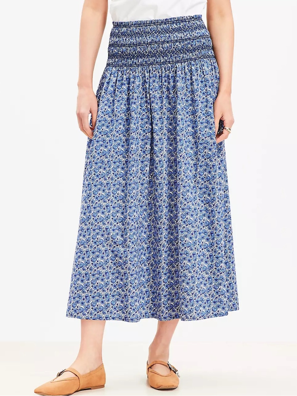 LOFT Blue Floral Smocked Waist Midi Skirt Small Cottagecore Boho Cotton Modal